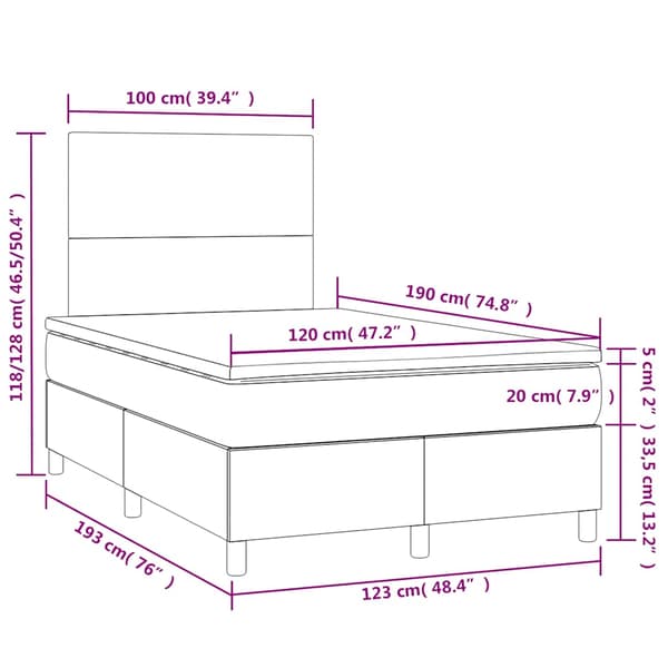 Ramsäng med madrass & LED mörkblå 120x190 cm sammet