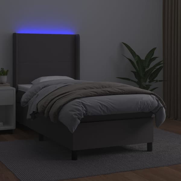 Ramsäng med madrass & LED grå 90x200 cm konstläder