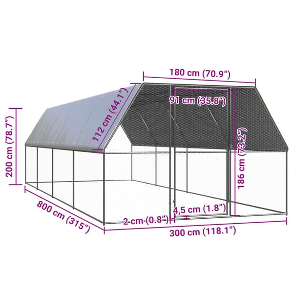 Hönsbur för utomhusbruk 3x8x2 m galvaniserat stål