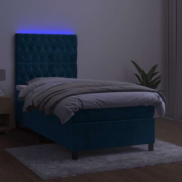 Ramsäng med madrass & LED mörkblå 80x200 cm sammet
