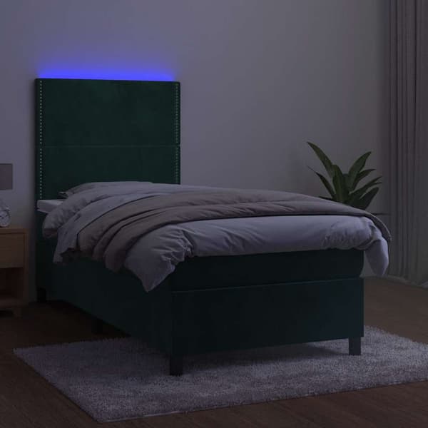 Ramsäng med madrass & LED mörkgrön 100x200 cm sammet