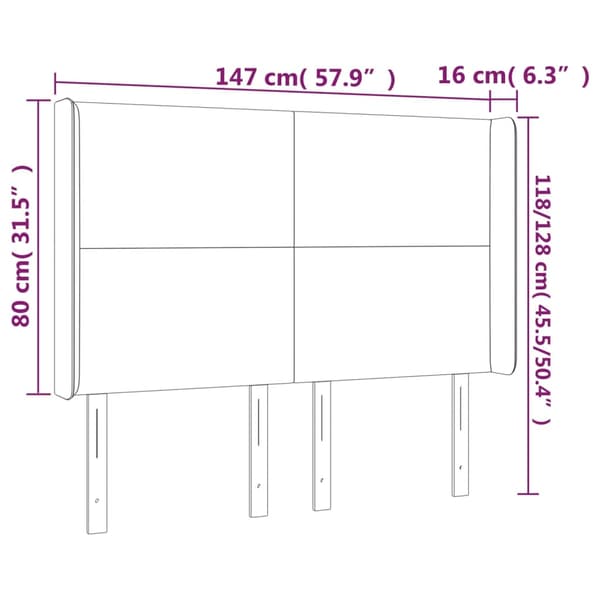 Sänggavel LED ljusgrå 147x16x118/128 cm sammet