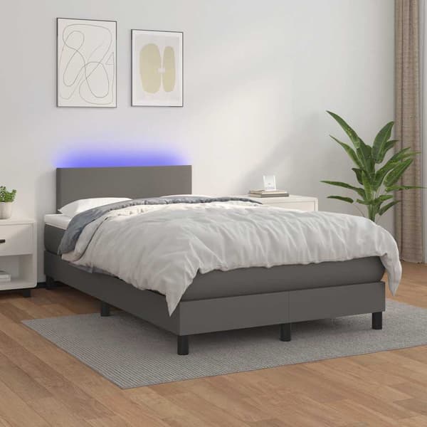 Ramsäng med madrass & LED grå 120x190 cm konstläder