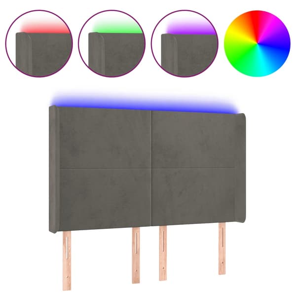 Sänggavel LED mörkgrå 147x16x118/128 cm sammet