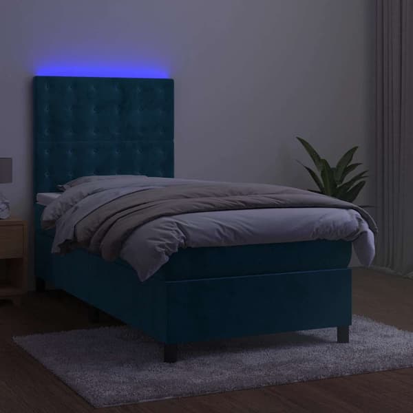 Ramsäng med madrass & LED mörkblå 90x200 cm sammet