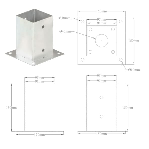 Stolpfot 4 st galvaniserad metall 91 mm