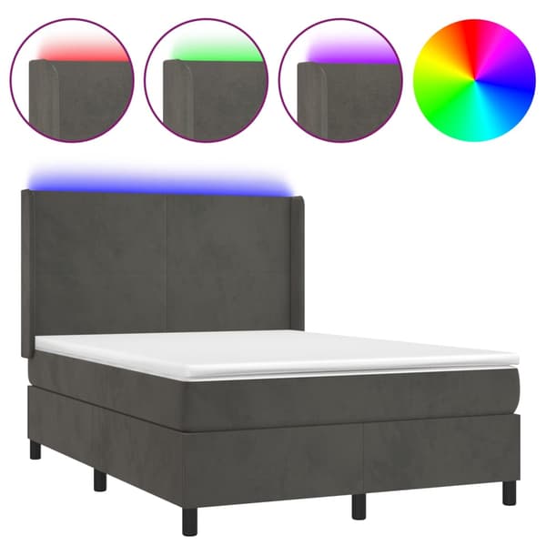 Ramsäng med madrass & LED mörkgrå 140x190 cm sammet