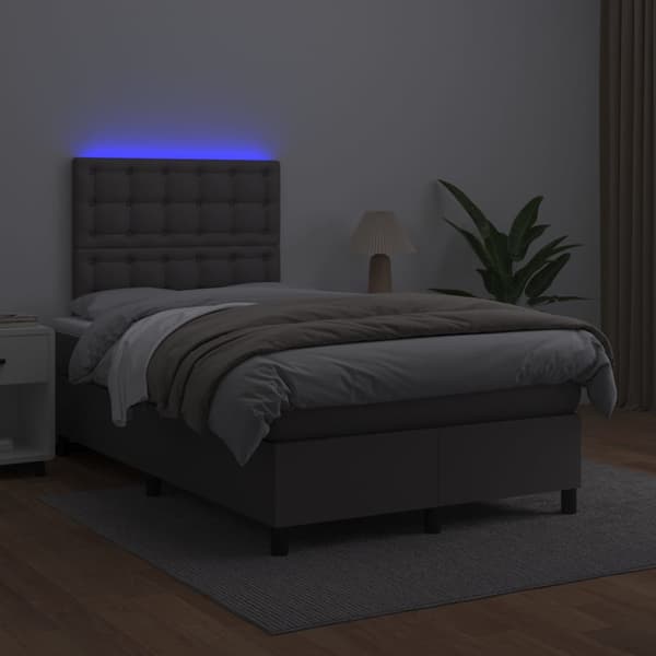 Ramsäng med madrass & LED grå 120x200 cm konstläder