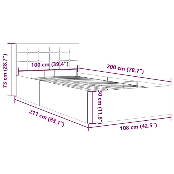 Sängram med hydraulisk förvaring mörkgrå tyg 100x200 cm