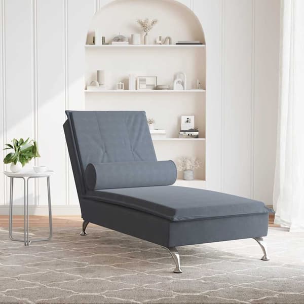 Massageschäslong med bolster mörkgrå sammet