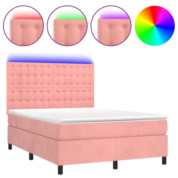 Ramsäng med madrass rosa & LED 140x190 cm sammet
