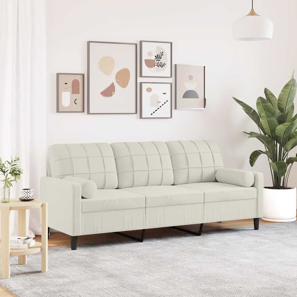 3-sitssoffa med prydnadskuddar gräddvit 180 cm sammet