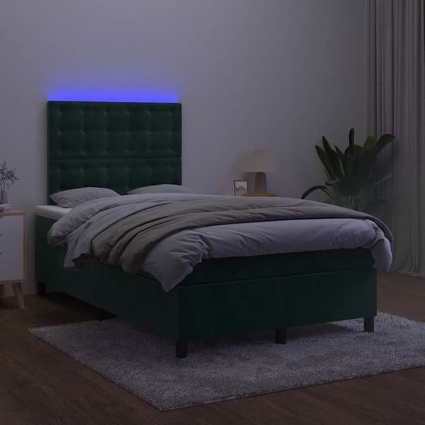 Ramsäng med madrass & LED mörkgrön 120x200 cm sammet
