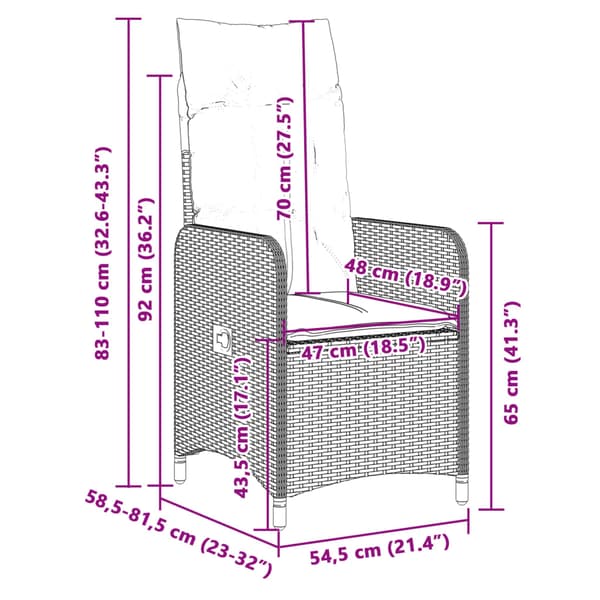 Justerbara trädgårdsstolar 2 st med dynor grå konstrotting