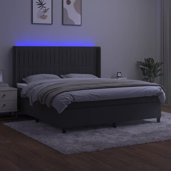 Ramsäng med madrass & LED mörkgrå 180x200 cm sammet