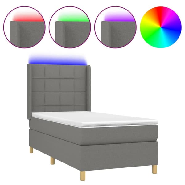 Ramsäng med madrass & LED mörkgrå 90x190 cm tyg