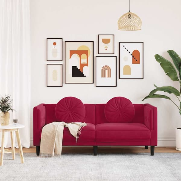 Soffa med kuddar 2-sits vinröd sammet