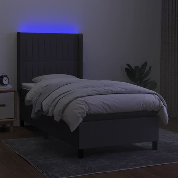 Ramsäng med madrass & LED mörkgrå 90x190 cm tyg