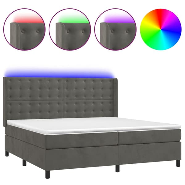Ramsäng med madrass & LED mörkgrå 200x200 cm sammet