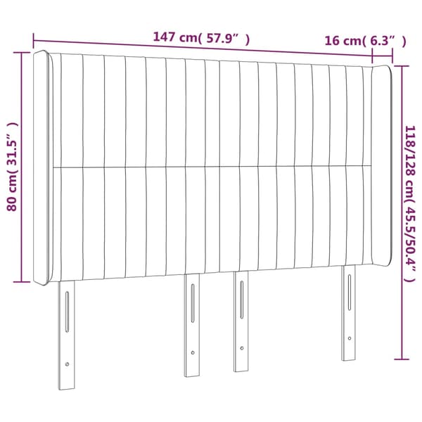 Sänggavel LED ljusgrå 147x16x118/128 cm sammet