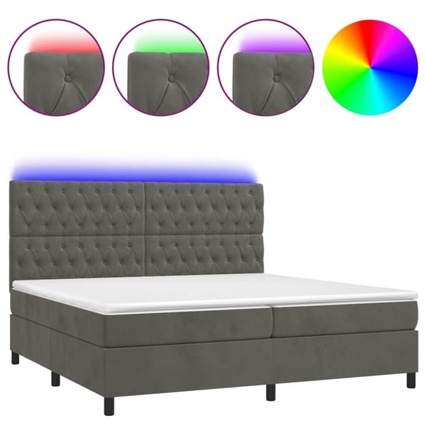 Ramsäng med madrass & LED mörkgrå 200x200 cm sammet
