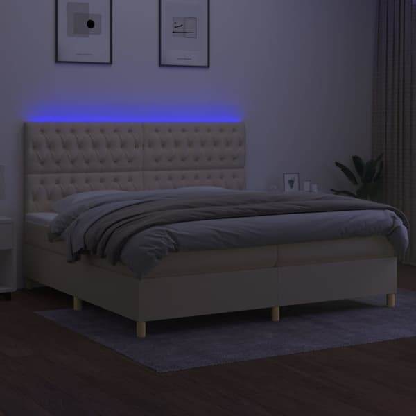 Ramsäng med madrass & LED gräddvit 200x200 cm tyg