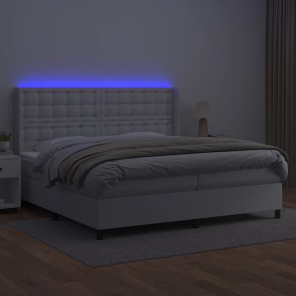 Ramsäng med madrass & LED vit 200x200 cm konstläder