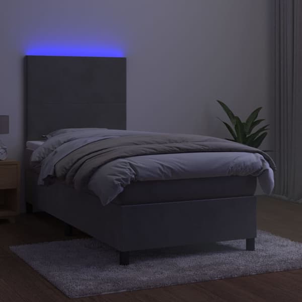 Ramsäng med madrass & LED ljusgrå 90x190 cm sammet