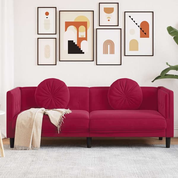 Soffa med kuddar 3-sits vinröd sammet