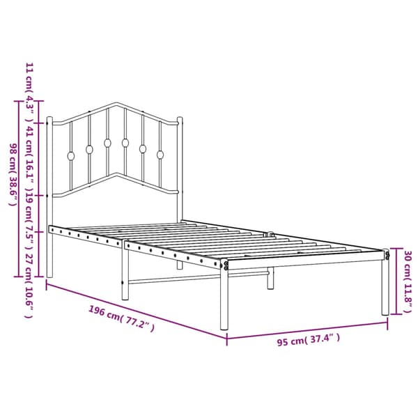 Sängram med huvudgavel metall vit 90x190 cm