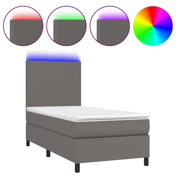 Ramsäng med madrass & LED grå 90x190 cm konstläder