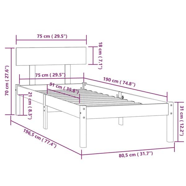 Sängram vit massivt trä 75x190 cm