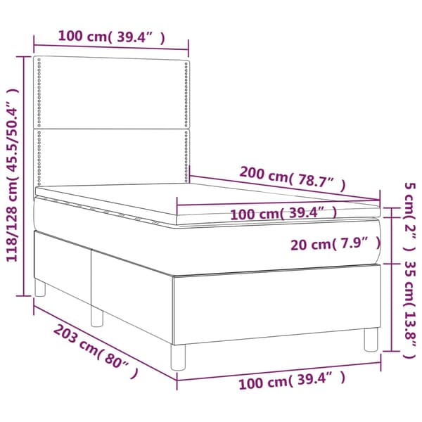 Ramsäng med madrass & LED mörkgrå 100x200 cm tyg