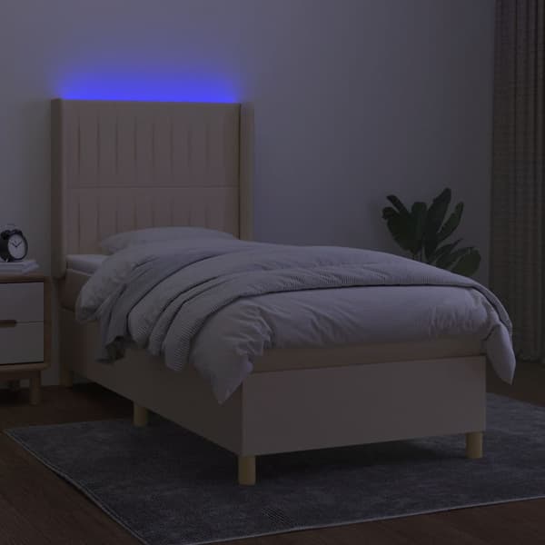 Ramsäng med madrass & LED gräddvit 100x200 cm tyg