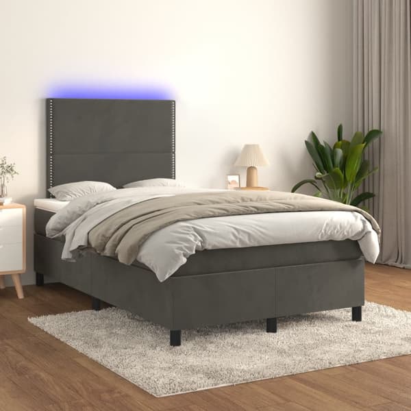 Ramsäng med madrass & LED mörkgrå 120x190 cm sammet