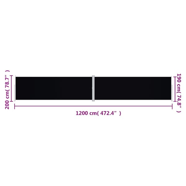Infällbar sidomarkis svart 200x1200 cm