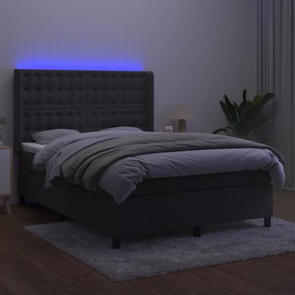 Ramsäng med madrass & LED mörkgrå 140x200 cm sammet