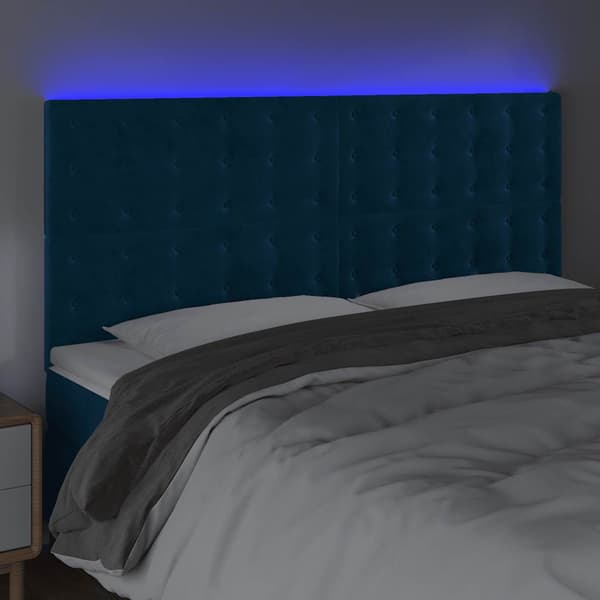 Sänggavel LED mörkblå 200x5x118/128 cm sammet