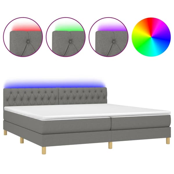 Ramsäng med madrass & LED mörkgrå 200x200 cm tyg