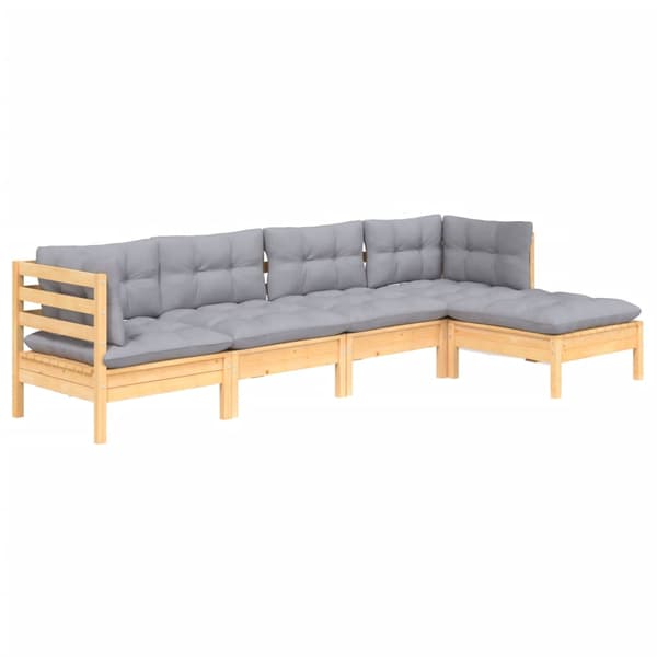 Loungegrupp med grå dynor 5 delar massiv furu