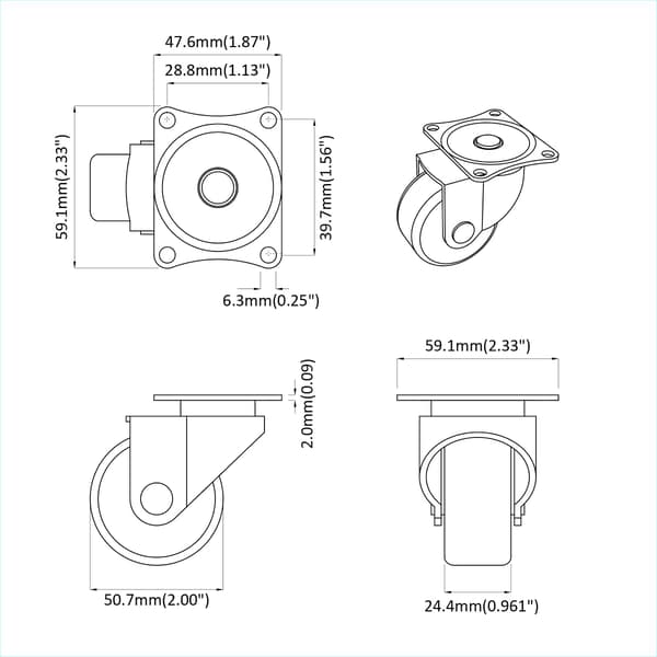 Svängbart hjul 2 pcs Silver 60 x 60 x 50 mm Järn och nylon