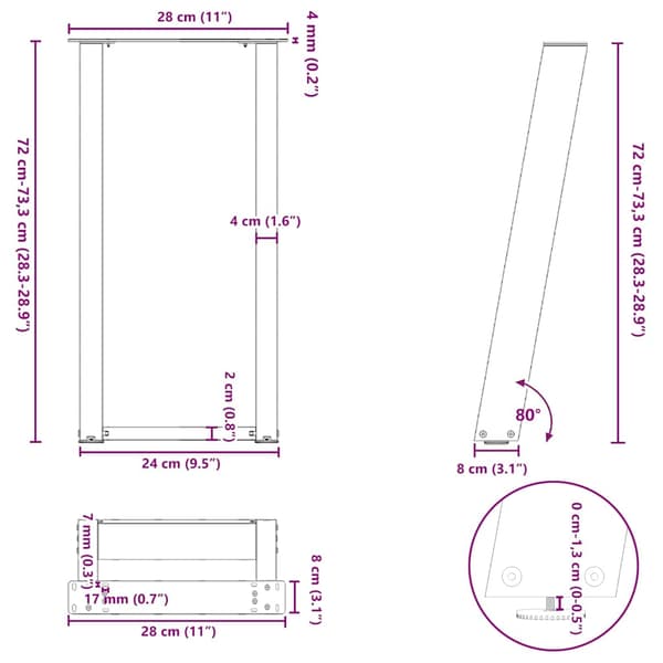 Konsolbordsben U-formade 2 st antracit 28x(72-73) cm stål