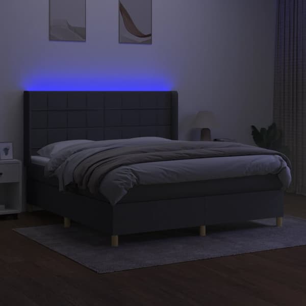 Ramsäng med madrass & LED mörkgrå 160x200 cm tyg
