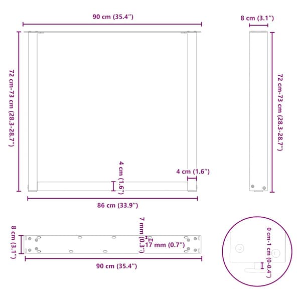 Matbordsben U-formade 2 st antracit 90x(72-73) cm stål