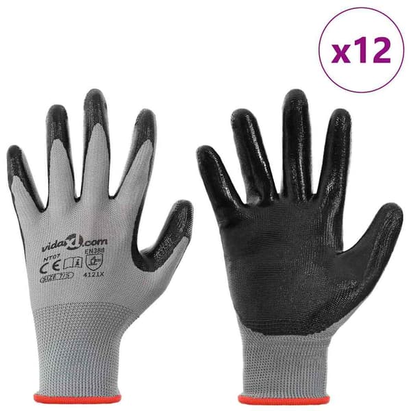 Arbetshandskar 12 pcs Grå och svart 7 / S Polyester