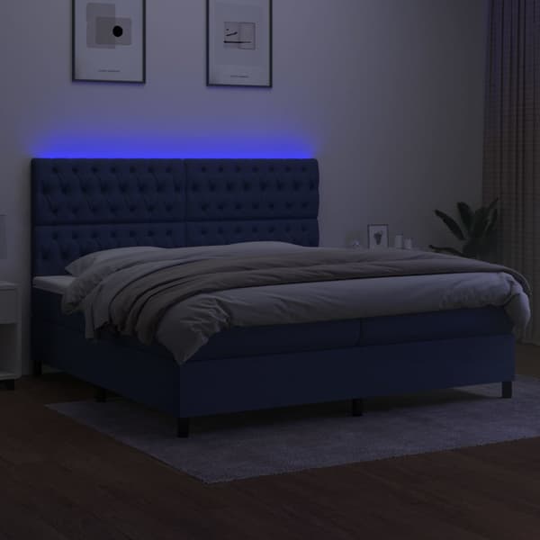 Ramsäng med madrass & LED blå 200x200 cm tyg