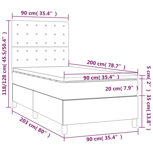 Ramsäng med madrass & LED mörkgrå 90x200 cm sammet