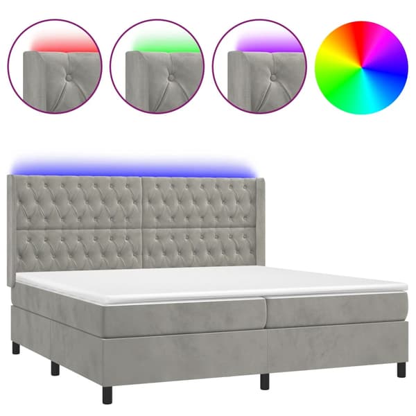 Ramsäng med madrass & LED ljusgrå 200x200 cm sammet