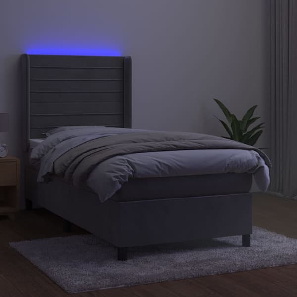 Ramsäng med madrass & LED ljusgrå 90x200 cm sammet