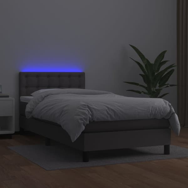 Ramsäng med madrass & LED grå 100x200 cm konstläder